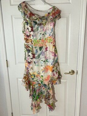 Anthropologie Mandira Wirk Off-The-Shoulder Floral Ruffle Hem Midi Dress, Sz M